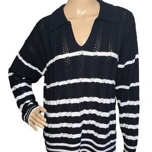 Talbots Women’s Large Johnny Collar Sweater Nautical Navy White Stripe